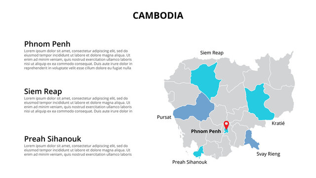 Cambodia vector map infographic template divided by states, regions or provinces. Slide presentation