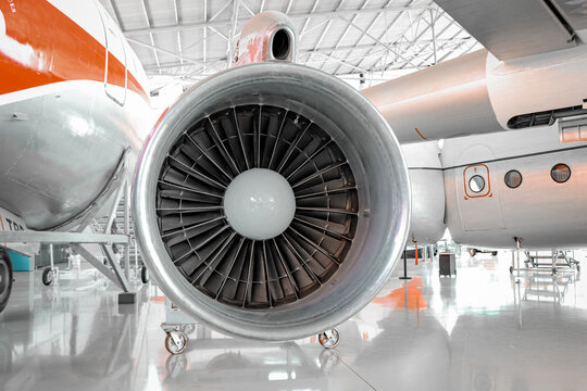 Detail From A Airplane Engine In A Maintenance Hangar