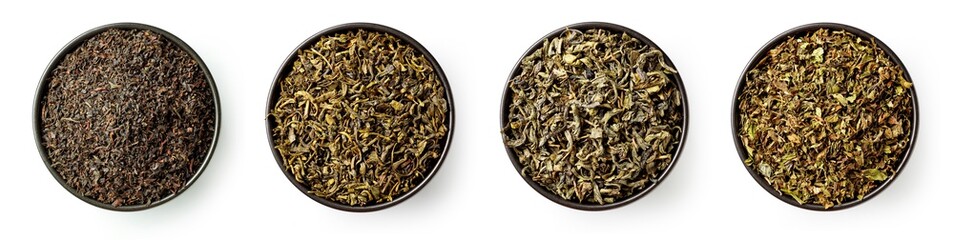 Various teas in bowl isolated on white; from above