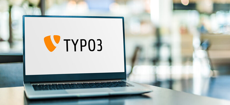 Laptop computer displaying logo of TYPO3
