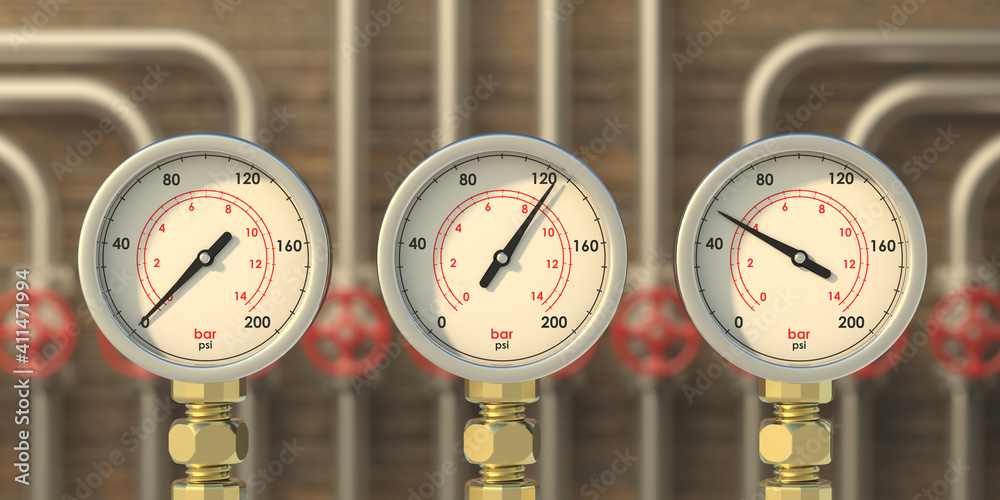 Wall mural industrial pipelines and manometers background. 3d illustration