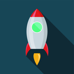 Obraz premium Spaceship icon in flat design. Vector illustration. Rocket vector icon, rocket ship with fire, Vector illustration with flying rocket. Space travel. Project start up sign. Creative idea symbol.