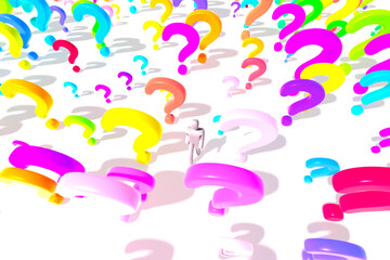 3D character, all white, in human form walking through a multitude of multicolored  question marks, on a white background.