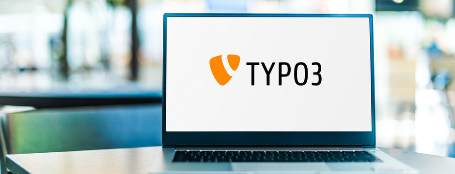 Laptop computer displaying logo of TYPO3