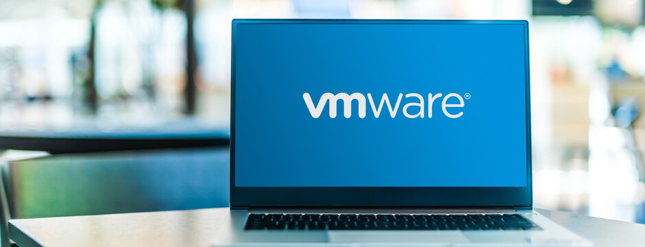 Laptop computer displaying logo of VMware