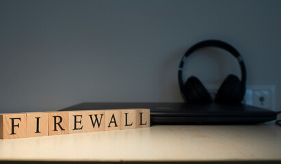 FIREWALL text on wooden cubes on white background - Image. close up