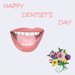 Dentistry. Open mouth, white teeth, red lips, flowers - vector. International Day of the Dentist. Banner. Greeting card.