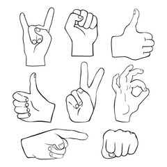 Collection of finger gestures isolated on white. Vector illustration.