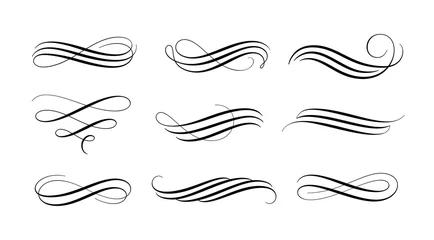 Fotobehang Set of vintage calligraphic flourish, curls, dividers, scrolls and swirls. Simple design elements. Hand drawn flourish vector collection. © Onabi