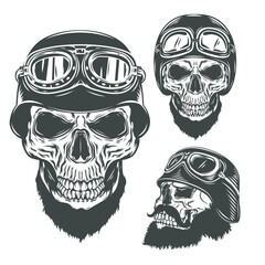 Collection of retro motorcycles' helmets and skulls. Vector illustration.