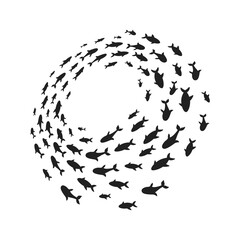 Silhouettes school of fish with marine life of various sizes swimming fish in the circle flat style design vector illustration. Colony of big and small sea animals.