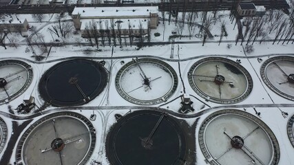 Europe, Kiev, Ukraine - February 2021: Bortnytsia aeration station, Bortnychi. Aerial drone view. Sewage treatment plant. Wastewater treatment plant. Kyiv Bortnychi aeration station.