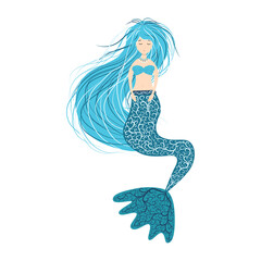 Cartoon beautiful little mermaid in a wreath. Siren. Sea theme. illustration on a white background.