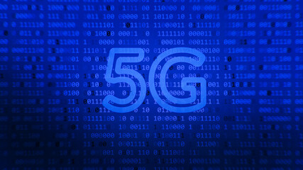 5G Global network high speed innovation connection data tech. Glowing 5G on dark blue color background.