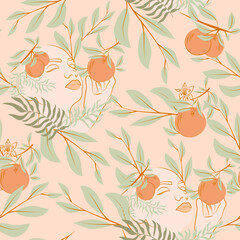 Seamless pattern with blooming Woman portrait, fruit, leaf. Line art background. Editable vector illustration