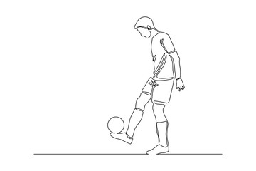 Continuous line drawing of football player kicking ball. Single one line art of young man soccer player dribbling and juggling ball. Vector illustration