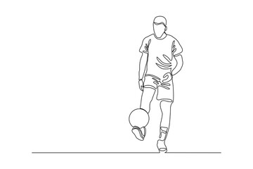 Continuous line drawing of football player kicking ball. Single one line art of young man soccer player dribbling and juggling ball. Vector illustration