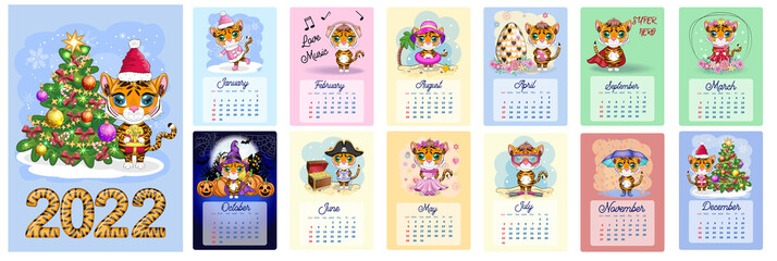Cute tiger. Wall calendar design template for 2022, Year of the Tiger according to the Chinese calendar, A4 format. Week starts on Sunday.