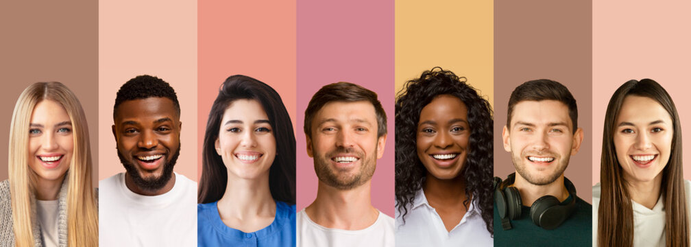 Human portraits set with smiling multiethnic men and women on colorful studio backgrounds, panorama