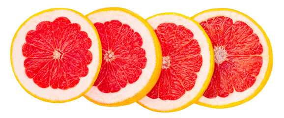 Four Grapefruit circle slices  isolated  on white background, top view.  Pink Grapefruit Flat lay.