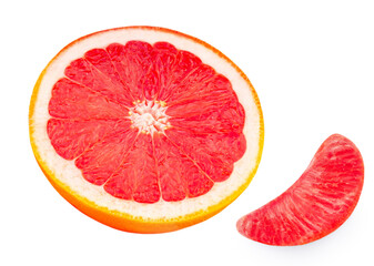 Grapefruit half isolated on white background close up. Ripe slice of pink grapefruit citrus fruit  Flat lay. Top view.
