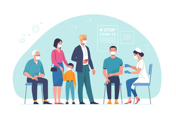 General vaccination against coronavirus. Vector illustration of a young man being vaccinated by a doctor and people of different ages waiting in line. Isolated on background - obrazy, fototapety, plakaty
