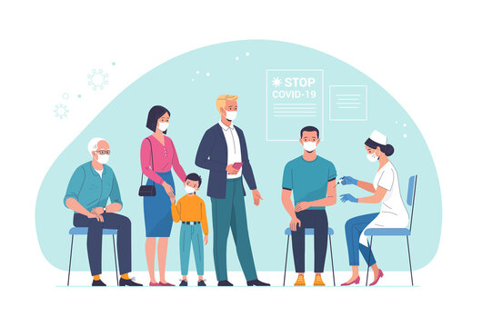 General vaccination against coronavirus. Vector illustration of a young man being vaccinated by a doctor and people of different ages waiting in line. Isolated on background