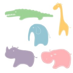 african animals vector set, stikers with cute characters, colorful illustrations for children room design, clipart