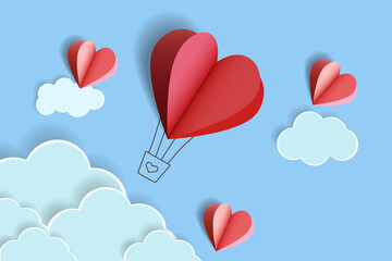 Fototapeta na wymiar Illustration of love .Heart shape of a balloon cut out of paper and clouds.Handmade crafts. Vector illustration. Cute love sale banner or greeting card. Honeymoon and wedding adventure.