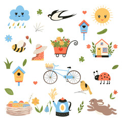 Easter Spring set. Collection of cute animals, birds and insects, blooming flowers and floral decorations, bicycle Bright colored vector illustration in flat cartoon style.