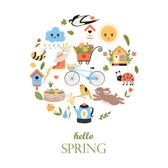 Easter Spring set. Collection of cute animals, birds and insects, blooming flowers and floral decorations, bicycle Bright colored vector illustration in flat cartoon style.