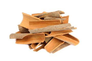 Pile of Dried Cassia Bark Isolated on White Background