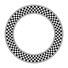 Checkerboard pattern, circle frame. Round checkered pattern frame, made of a checkerboard diagram consisting of black and white alternating squares, framed with lines. Illustration over white. Vector.