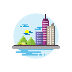 Flat scene, design cityscape. Mountains country hotel. Vector illustration