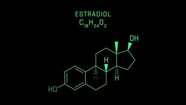 Estradiol or E2 Also Spelled Oestradiol Molecular Structure Symbol Neon Animation on black background
