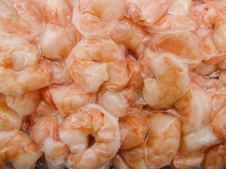 Frozen king prawns in a vacuum bag close up.