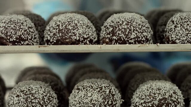 The production of delicious and colorful cakes is made in the factory. Making many kinds of cakes from chocolate to fruit, from hazelnut to pistachio, from cheese to coffee.