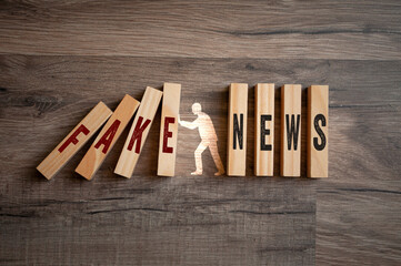 Pieces of wood with letters FAKE NEWS on wooden background