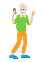 Modern grandfather with a smartphone in his hand. Takes a selfie. The senior man is a blogger. In cartoon style. Isolated on white background. Vector flat illustration
