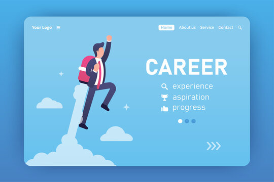 Career. Landing page template. Vector concept of aspiration upward. A businessman in a suit and with a jetpack behind his back flies up in order to advance in business. Freelance. Progress, aspiration
