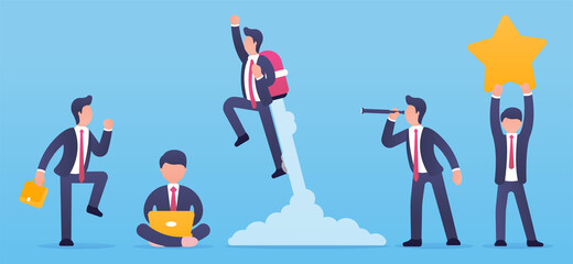 Career and business vector concept. Set of Businessmen in different poses and with different emotions on an isolated background. Success, striving upward, searching for new ideas, choosing a strategy.