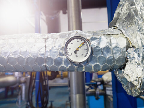 Heat Water Piping With Thermal Insulation And Mechanical Thermometer