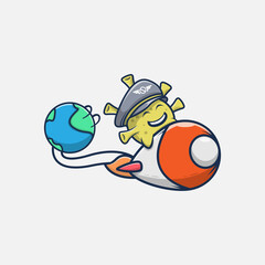 cartoon vector illustration design of a rising virus riding a rocket leaving the earth. flat cartoon style