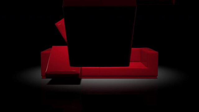 Animation of movement, assembly of a red sofa on a black background. 