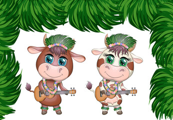 Cute cartoon bull, cow with beautiful eyes, Hawaiian hula dancer character with ukulele guitar among leaves, flowers. Chinese new year cute bull mascot