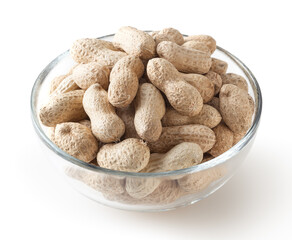 Raw peanuts in glass bowl isolated on white background with clipping path