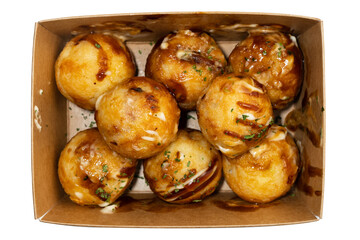 It is a round-roasted takoyaki dish with octopus in flour dough