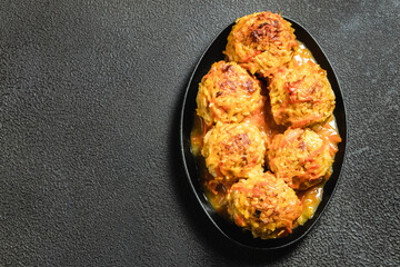 Vegetarian vegetable meatless balls in cast iron skillet. Top view, space for text.