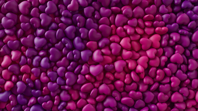 Multicolored Heart background. Valentine Wallpaper with Pink and Purple love hearts. 3D Render 