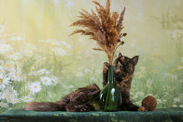 Cat plays with dry flowers on meadow background